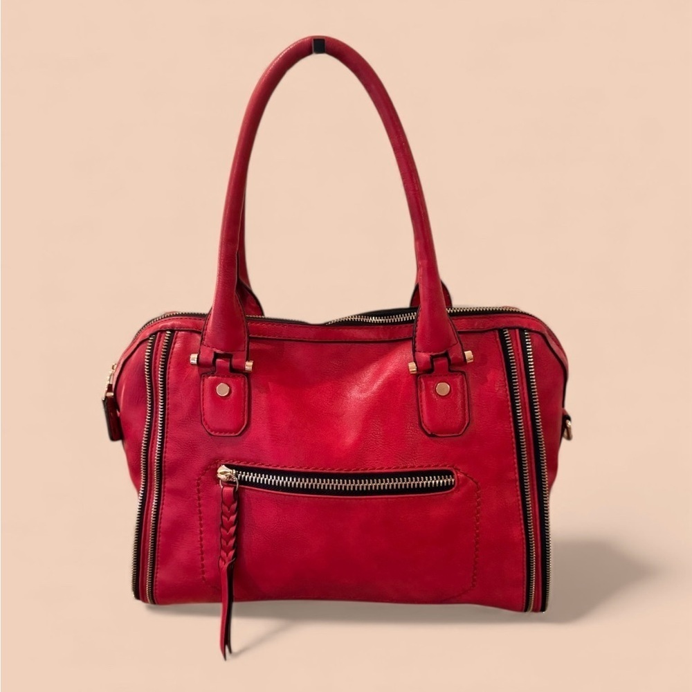 Urban Expressions Red Vegan Leather Satchel Shoulder Bag Zip Front Pocket Purse